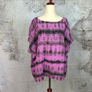 BRYN WALKER tie dye top size L purple boxy 100% linen lagenlook shirt